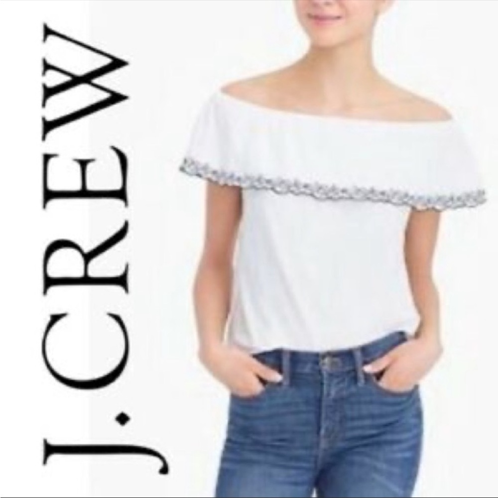 J. Crew Embroidered Off the Shoulder Ivory White Navy Top Medium